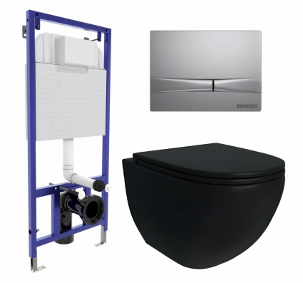 Комплект 3 в 1 инсталляция Berges Wasserhaus Novum 040252 + Унитаз подвесной Enio Unico BL черный EN4105055 + кнопка хром матовая