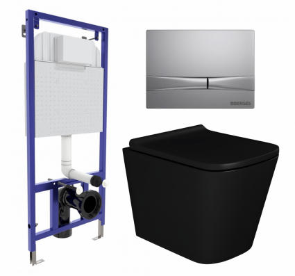 Комплект 3 в 1 инсталляция Berges Wasserhaus Novum 040252 + Унитаз подвесной Enio Binario BL черный EN4180225 + кнопка хром матовая