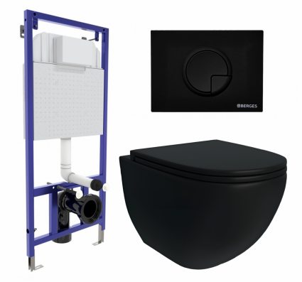 Комплект 3 в 1 инсталляция Berges Wasserhaus Novum 040225 + Унитаз подвесной Enio Unico BL черный EN4105055 + кнопка черная