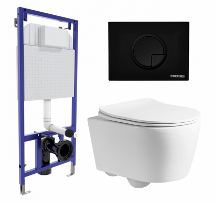 Комплект 3 в 1 инсталляция Berges Wasserhaus Novum 040225 + Унитаз подвесной CeruttiSpa Sella PP 9738 + кнопка черная