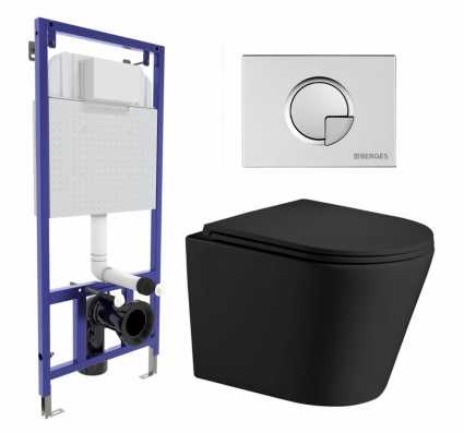 Комплект 3 в 1 инсталляция Berges Wasserhaus Novum 040222 + Подвесной унитаз WeltWasser Salzbach 043 MT-BL + кнопка хром матовая