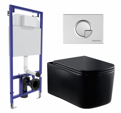 Комплект 3 в 1 инсталляция Berges Wasserhaus Novum 040222 + Унитаз Vincea Ultra Rimless VT1-32MB + кнопка хром матовая