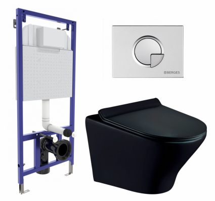 Комплект 3 в 1 инсталляция Berges Wasserhaus Novum 040222 + Унитаз подвесной Esbano Aster ESUPASTEBM + кнопка хром матовая