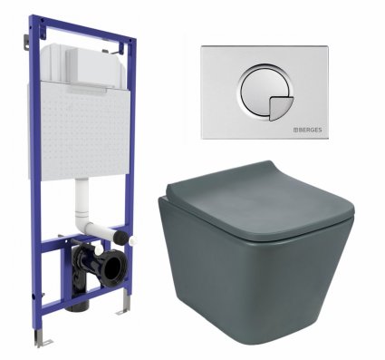 Комплект 3 в 1 инсталляция Berges Wasserhaus Novum 040222 + Унитаз подвесной Weltwasser WW SK Gelbach 041 MT-GR + кнопка хром матовая