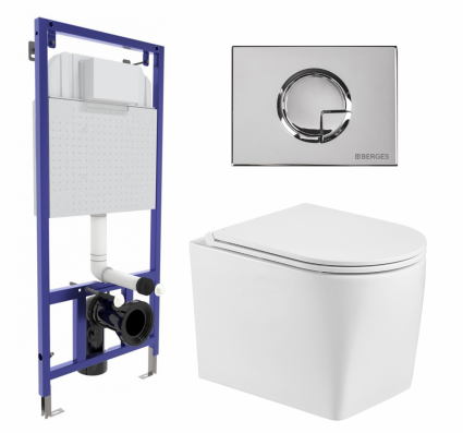 Комплект 3 в 1 инсталляция Berges Wasserhaus Novum 040223 + Унитаз подвесной WeltWasser Nesenbach 004 GL-WT + кнопка хром