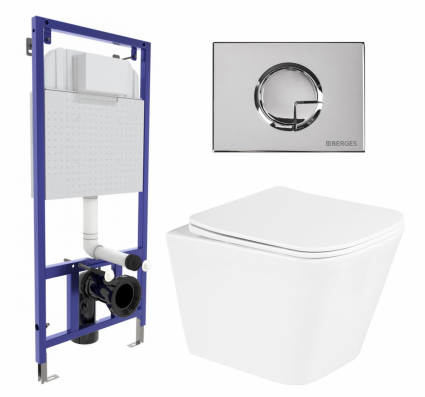 Комплект 3 в 1 инсталляция Berges Wasserhaus Novum 040223 + Унитаз подвесной BelBagno Due BB3103CHR/SC + кнопка хром