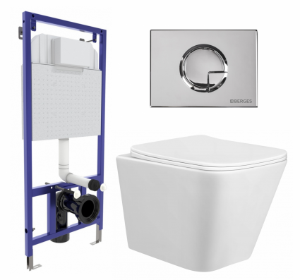 Комплект 3 в 1 инсталляция Berges Wasserhaus Novum 040223 + Унитаз подвесной Taliente Correto CR25200 + кнопка хром