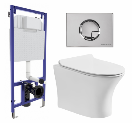 Комплект 3 в 1 инсталляция Berges Wasserhaus Novum 040223 + Подвесной безободковый унитаз CeruttiSpa Bernina aria CT7191 + кнопка хром