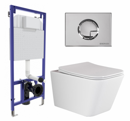 Комплект 3 в 1 инсталляция Berges Wasserhaus Novum 040223 + Унитаз подвесной Ceramica Nova Metric Rimless CN3007 + кнопка хром