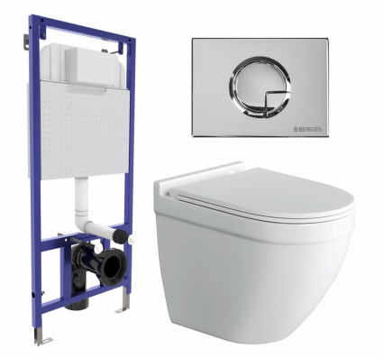 Комплект 3 в 1 инсталляция Berges Wasserhaus Novum 040223 + Унитаз подвесной Owl 1975 Cirkel-H + кнопка хром