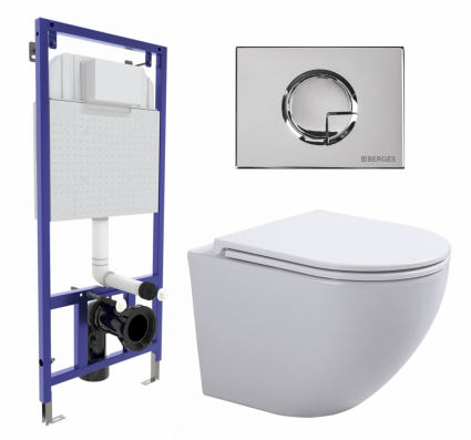 Комплект 3 в 1 инсталляция Berges Wasserhaus Novum 040223 + Подвесной унитаз SinteSi EVI + кнопка хром