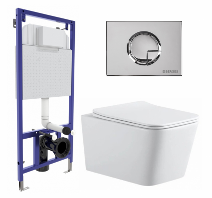Комплект 3 в 1 инсталляция Berges Wasserhaus Novum 040223 + Подвесной унитаз SinteSi BALTI + кнопка хром