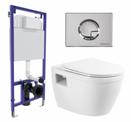 Комплект 3 в 1 инсталляция Berges Wasserhaus Novum 040223 + Унитаз подвесной BelBagno Loto BB070CHR/SC + кнопка хром