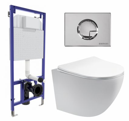 Комплект 3 в 1 инсталляция Berges Wasserhaus Novum 040223 + Унитаз подвесной Акватек Европа AQ1900-00 + кнопка хром