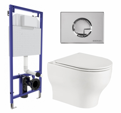 Комплект 3 в 1 инсталляция Berges Wasserhaus Novum 040223 + Подвесной унитаз WeltWasser Erlenbach 004 GL-WT + кнопка хром