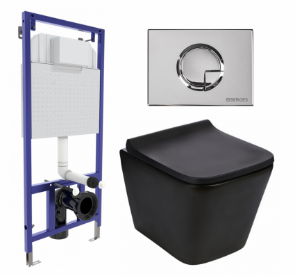 Комплект 3 в 1 инсталляция Berges Wasserhaus Novum 040223 + Подвесной унитаз WeltWasser Gelbach 043 MT-BL + кнопка хром