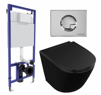 Комплект 3 в 1 инсталляция Berges Wasserhaus Novum 040223 +  Унитаз подвесной Owl 1975 Vind Cirkel-H Matt Black OWLT190305 + кнопка хром