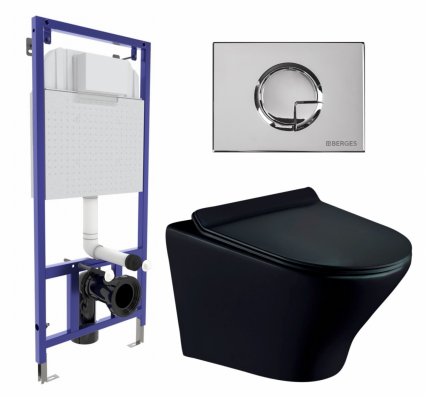 Комплект 3 в 1 инсталляция Berges Wasserhaus Novum 040223 + Унитаз подвесной Esbano Aster ESUPASTEBM + кнопка хром
