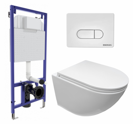 Комплект 3 в 1 инсталляция Berges Wasserhaus Novum 040231 + Подвесной безободковый унитаз CeruttiSpa Sella aria CT7183 + кнопка белая