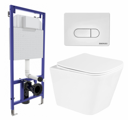 Комплект 3 в 1 инсталляция Berges Wasserhaus Novum 040231 + Унитаз подвесной BelBagno Due BB3103CHR/SC + кнопка белая