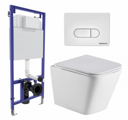 Комплект 3 в 1 инсталляция Berges Wasserhaus Novum 040231 + Подвесной унитаз WeltWasser Gelbach 043 GL-WT + кнопка белая
