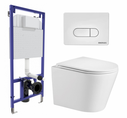 Комплект 3 в 1 инсталляция Berges Wasserhaus Novum 040231 + Подвесной унитаз WeltWasser Salzbach 043 GL-WT + кнопка белая