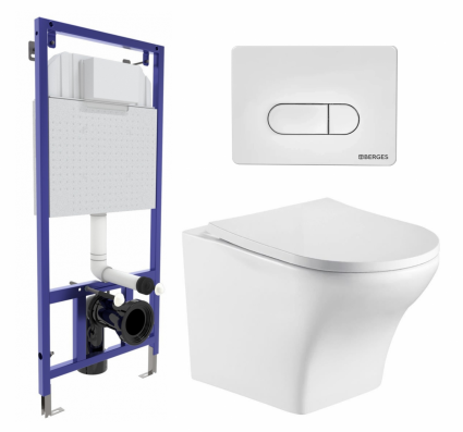 Комплект 3 в 1 инсталляция Berges Wasserhaus Novum 040231 + Подвесной унитаз WeltWasser Odenbach 004 GL-WT + кнопка белая