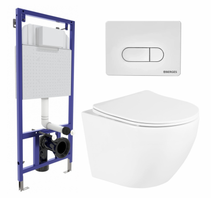Комплект 3 в 1 инсталляция Berges Wasserhaus Novum 040231 + Унитаз подвесной BelBagno Uno BB3105CHR/SC + кнопка белая
