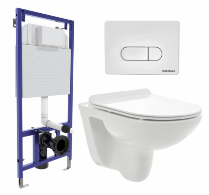 Комплект 3 в 1 инсталляция Berges Wasserhaus Novum 040231 + Унитаз подвесной AQUAme AQM2008 + кнопка белая