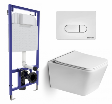 Комплект 3 в 1 инсталляция Berges Wasserhaus Novum 040231 + Унитаз подвесной SantiLine SL-5007 + кнопка белая
