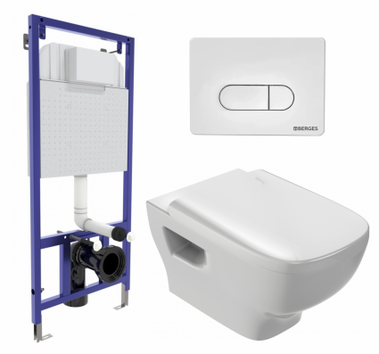 Комплект 3 в 1 инсталляция Berges Wasserhaus Novum 040231 + Унитаз подвесной Jacob Delafon Struktura EDE102-00 + кнопка белая