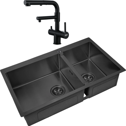 Комплект Мойка кухонная Zorg Inox PVD 78-2-51 L grafit + Смеситель Sanitary SZR-3216 Grafit графит