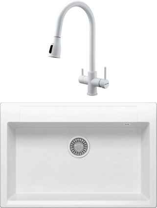 Комплект Мойка кухонная Polygran Argo 760 белый хлопок + Смеситель Paulmark Lange 214212-431 белый матовый