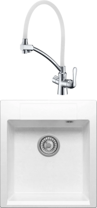 Комплект Мойка кухонная Polygran Argo 460 белый хлопок + Смеситель Lemark Comfort LM3070C-White с гибким изливом, хром, белый