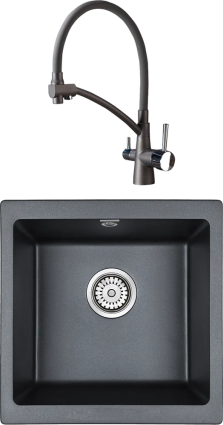Комплект Мойка кухонная Paulmark Brilon PM104546-BLM черный металлик + Смеситель Potato P4077 P4077-19 графитно-черный