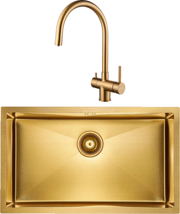 Комплект Мойка кухонная Paulmark Valde PM217444-BG брашированное золото + Смеситель Heller He213218-BG брашированное золото