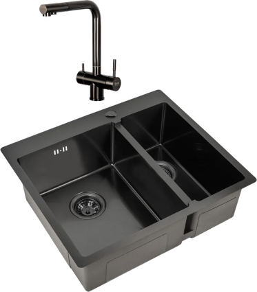Комплект Мойка кухонная Zorg Inox PVD 59-2-51-L GRAFIT L, графит + Смеситель Inox SZR-7039 GRAFIT графит