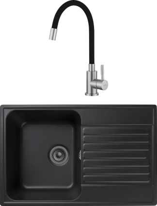 Комплект Мойка кухонная GranFest Quarz Z78 черный + Смеситель ESKO Snake K44 B хром, черный, с гибким изливом