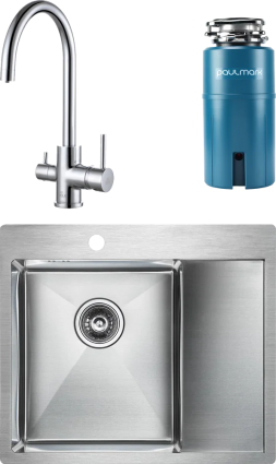 Комплект Мойка кухонная Paulmark Flank PM225951-BSL брашированная нержавеющая сталь L + Смеситель Essen Es213211-CR хром + Измельчитель Intenso