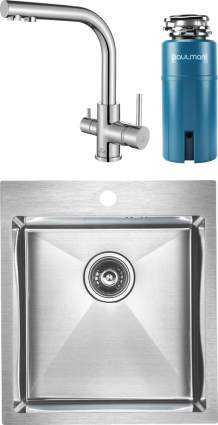 Комплект Мойка кухонная Paulmark Favore PM214551-BS брашированная нержавеющая сталь + Смеситель Essen 213011-СR хром + Измельчитель Intenso