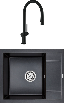 Комплект Мойка кухонная Paulmark Flugen 50-600 PM216050-BLM черный металлик + Смеситель Hansgrohe Talis M54 72800670 матовый черный