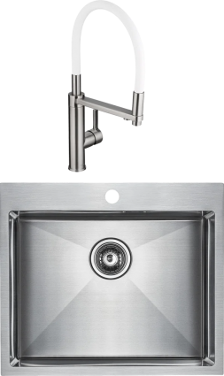 Комплект Мойка кухонная Paulmark Isar PM805951-BS брашированная нержавеющая сталь + Смеситель Swedbe Selene Plus 8641 белый, нержавеющая сталь