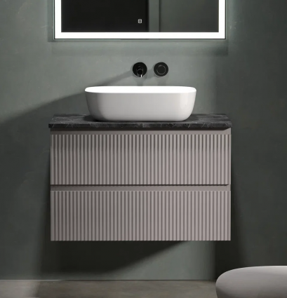Тумба с раковиной Sancos Snob R 80 см, doha soft, столешница черный мрамор, раковина CN6008