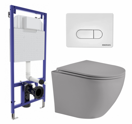 Комплект 3 в 1 инсталляция Berges Wasserhaus Novum 040231 + Унитаз подвесной Weltwasser WW Merzbach 043 MT-GR + кнопка белая