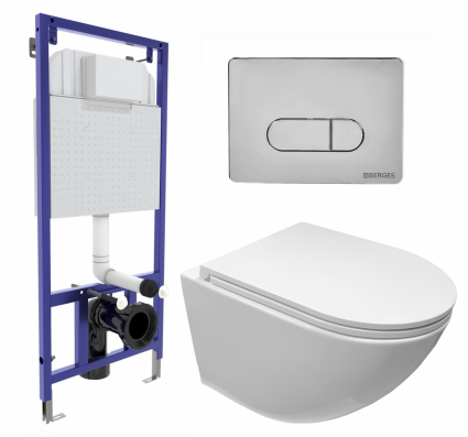 Комплект 3 в 1 инсталляция Berges Wasserhaus Novum 040233 + Подвесной безободковый унитаз CeruttiSpa Sella aria CT7183 + кнопка хром