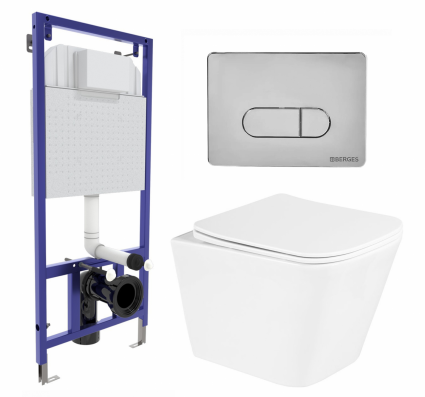 Комплект 3 в 1 инсталляция Berges Wasserhaus Novum 040233 + Унитаз подвесной BelBagno Due BB3103CHR/SC + кнопка хром