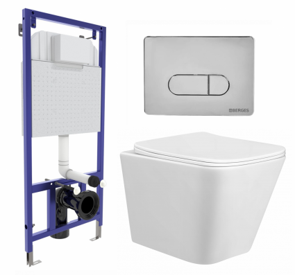 Комплект 3 в 1 инсталляция Berges Wasserhaus Novum 040233 + Унитаз подвесной Taliente Correto CR25200 + кнопка хром