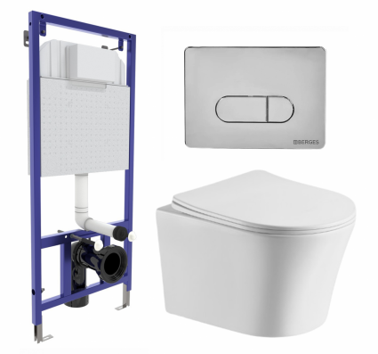 Комплект 3 в 1 инсталляция Berges Wasserhaus Novum 040233 + Подвесной унитаз CeruttiSpa Adige Aria CT7837 + кнопка хром