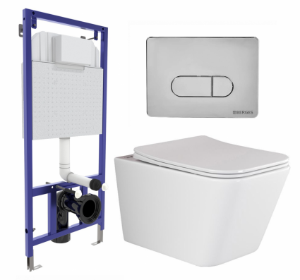 Комплект 3 в 1 инсталляция Berges Wasserhaus Novum 040233 + Унитаз подвесной Ceramica Nova Metric Rimless CN3007 + кнопка хром