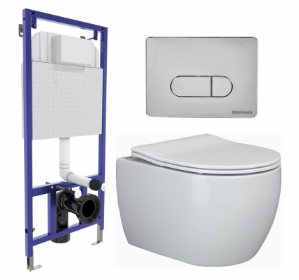 Комплект 3 в 1 инсталляция Berges Wasserhaus Novum 040233 + Унитаз подвесной Ceramica Nova Play CN3001 + кнопка хром
